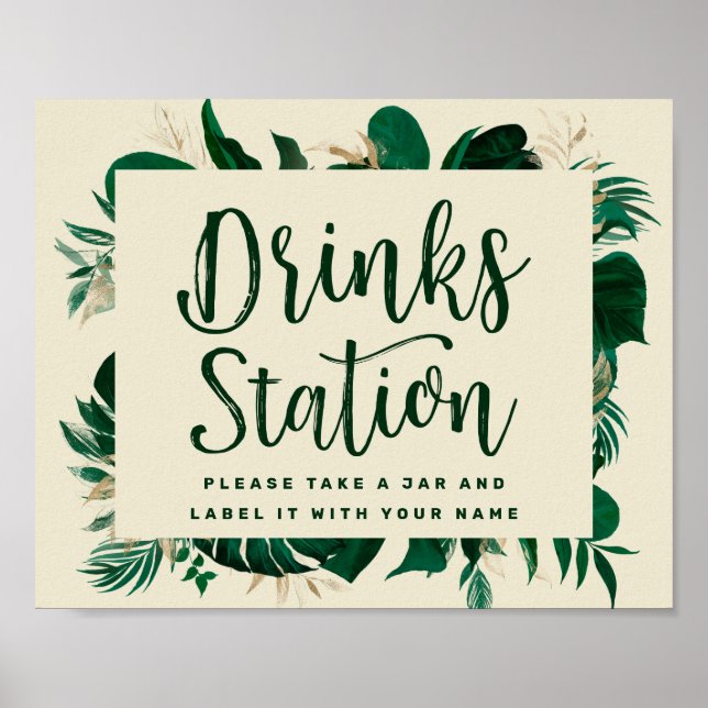 Tropical Greenery Chic Drink Station Wedding Sign (Front)