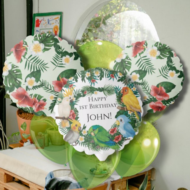 Tropical Greenery Exotic Safari Parrots Birthday Balloon (Creator Uploaded)