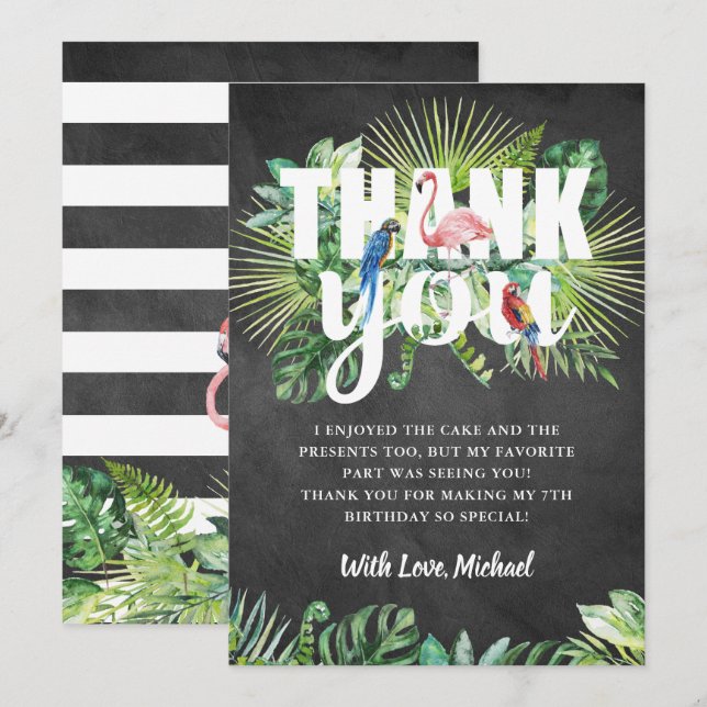 Tropical Greenery Flamingo Black White Chalkboard Thank You Card (Front/Back)
