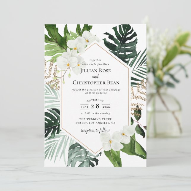 tropical greenery floral wedding invitation (Standing Front)