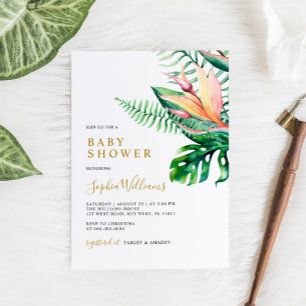Tropical Greenery Flowers Modern Baby Shower Invitation