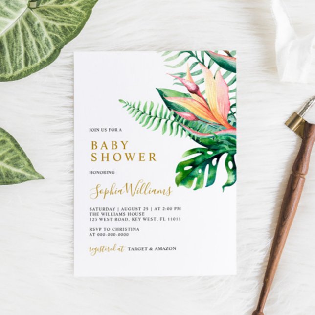 Tropical Greenery Flowers Modern Baby Shower Invitation (Creator Uploaded)