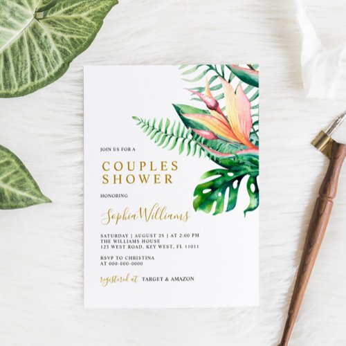Tropical Greenery Flowers Modern Couples Shower Invitation