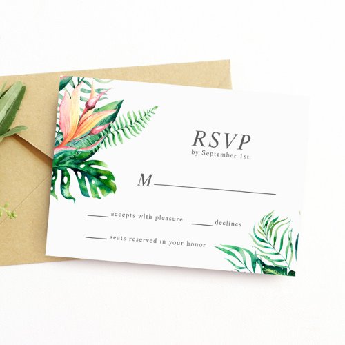 Tropical Greenery Flowers Wedding Response Card