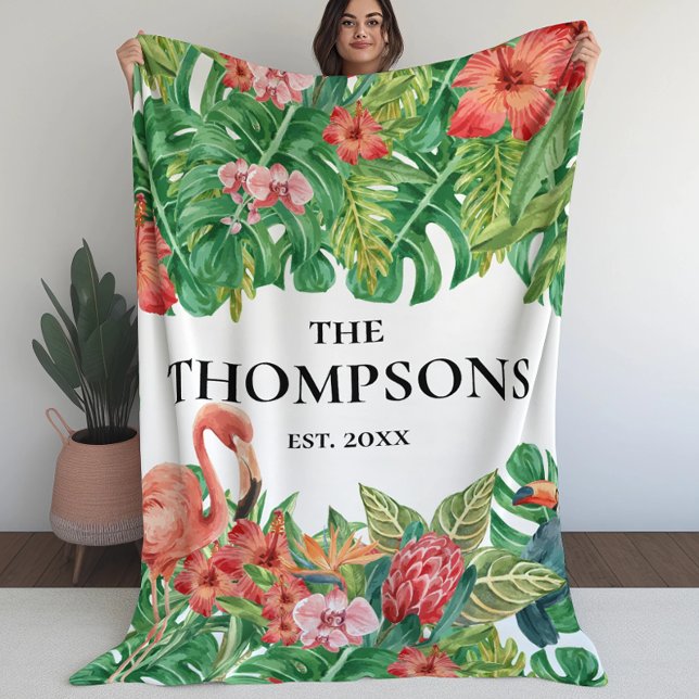 Tropical Greenery Foliage Pink Flamingo Family Fleece Blanket (Creator Uploaded)