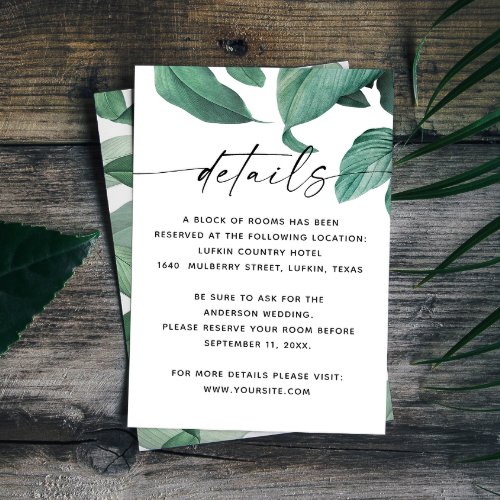 Tropical greenery foliage script wedding details enclosure card