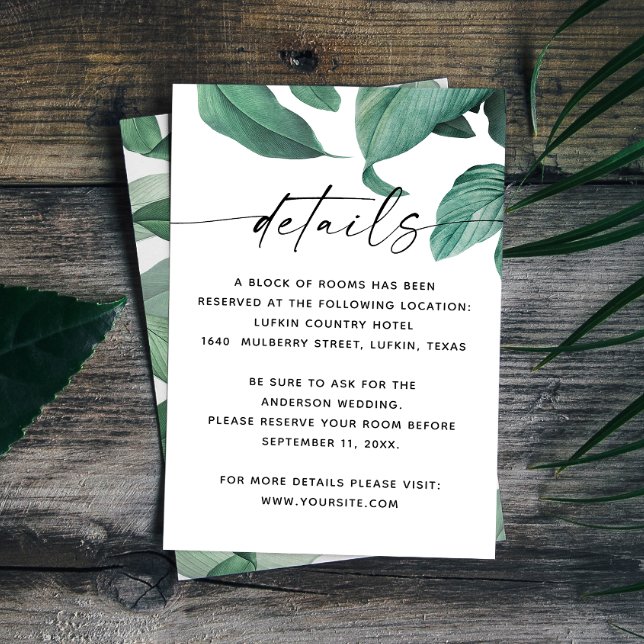 Tropical greenery foliage script wedding details enclosure card (Creator Uploaded)