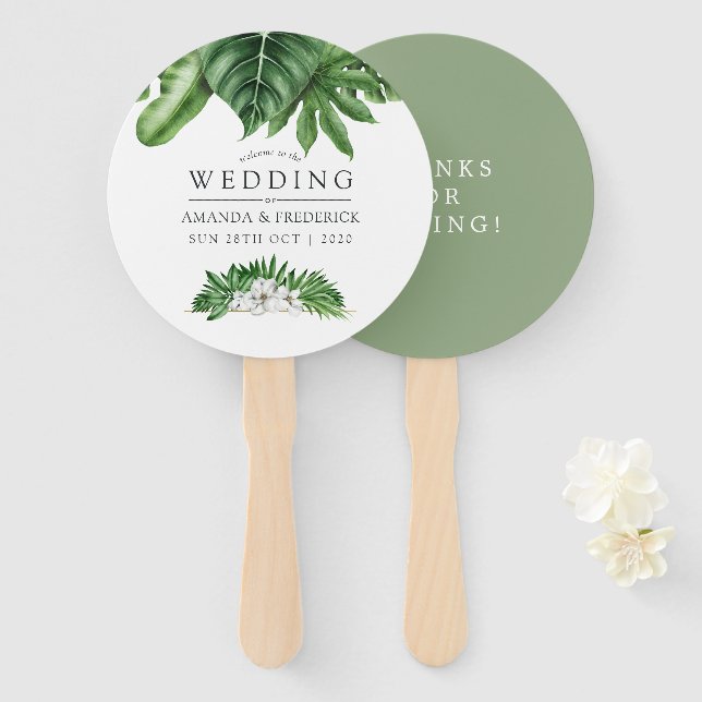Tropical Greenery Foliage Wedding Favor Hand Fan (Front and Back)
