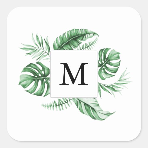 Tropical Greenery Frame Monogram Square Sticker