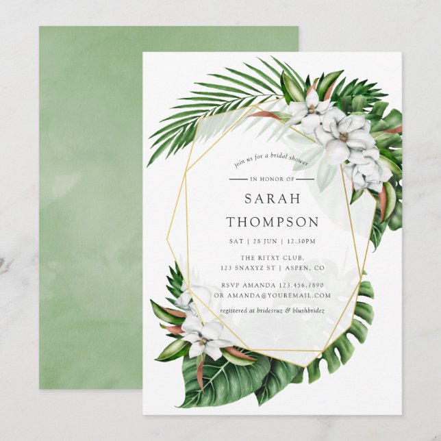 Tropical Greenery Geometric Bridal Shower Invite (Front/Back)
