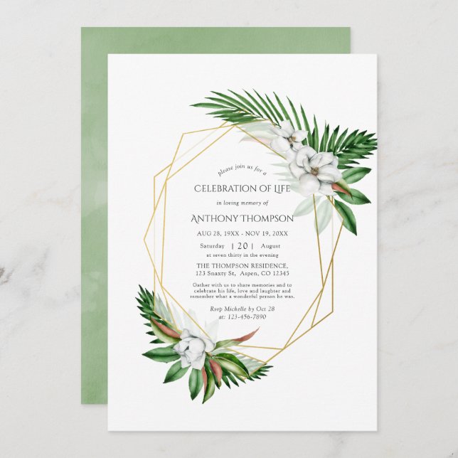 Tropical Greenery Geometric Celebration of Life Invitation (Front/Back)