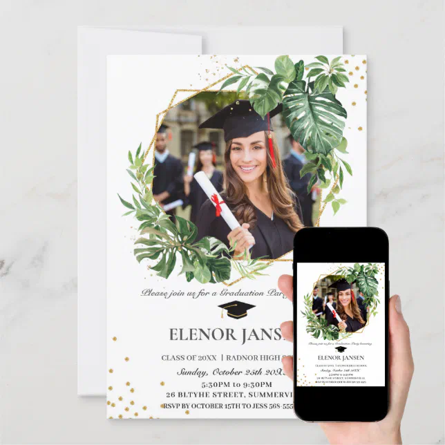 Tropical Greenery Geometric Gold Graduation Photo Invitation | Zazzle