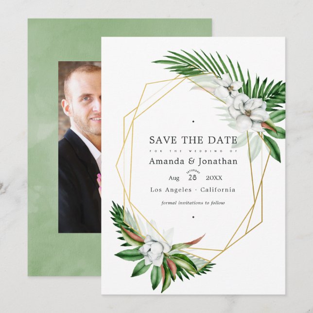Tropical Greenery Geometric Wedding Photo Invitation (Front/Back)