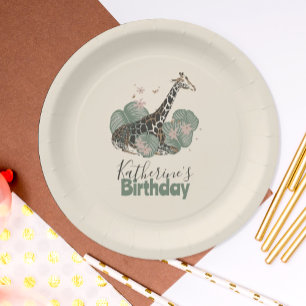 Tropical Greenery Giraffe Animal Birthday Party Paper Plates