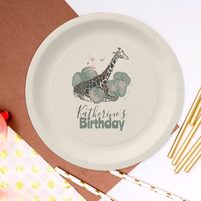 Tropical Greenery Giraffe Animal Birthday Party Paper Plates (Creator Uploaded)