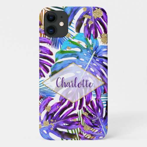 Tropical Greenery Glitter Purple Leaf Pattern Name iPhone 11 Case