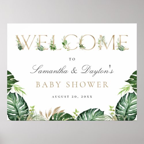 Tropical Greenery Gold Baby Shower Welcome Sign