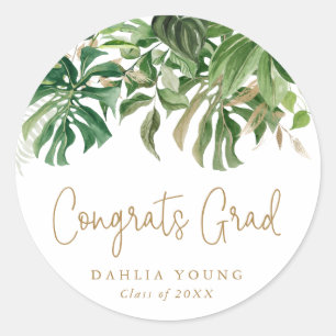 Tropical Greenery Gold Congrats Grad Graduation Classic Round Sticker
