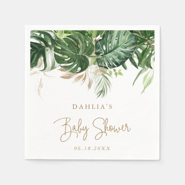 Tropical Greenery Gold Gender Neutral Baby Shower Napkins (Front)