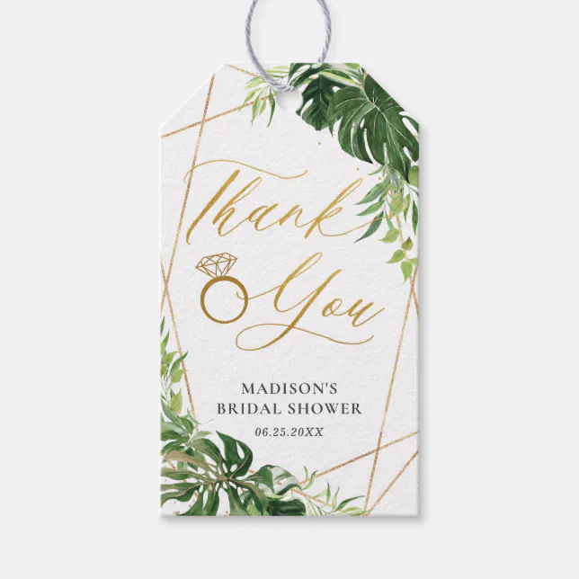 Tropical Greenery Gold Geometric Bridal Shower Gift Tags | Zazzle