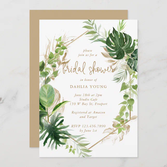 Tropical Greenery Gold Geometric Bridal Shower Invitation Zazzle 4457