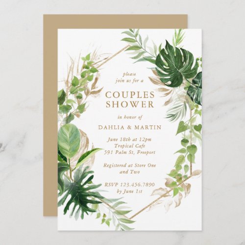 Tropical Greenery Gold Geometric Couples Shower Invitation