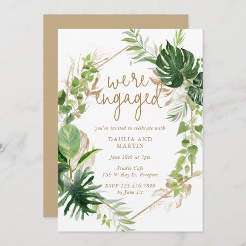 Tropical Greenery Gold Geometric Engagement Party Invitation