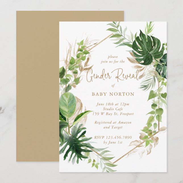 Tropical Greenery Gold Geometric Gender Reveal Invitation (Front/Back)