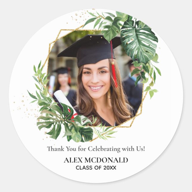 Tropical Greenery Gold Geometric Graduation Favor  Classic Round Sticker (Front)