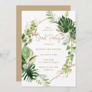 Tropical Greenery Gold Geometric Graduation Party Invitation