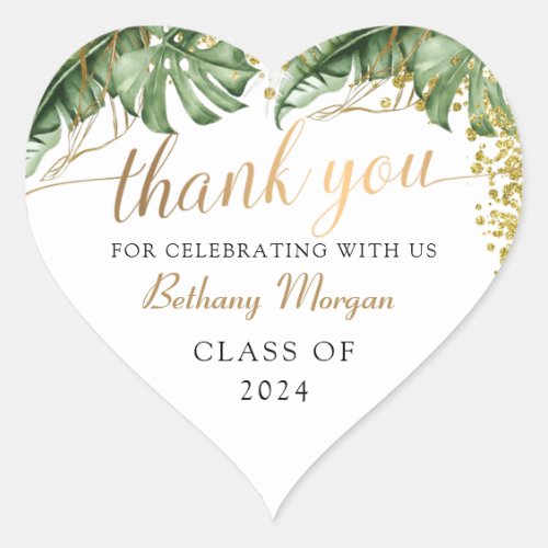 Tropical Greenery Gold Graduation Thank You Heart Sticker