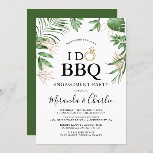 Tropical Greenery  Gold  I Do BBQ Engagement Invitation