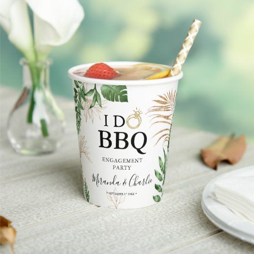 Tropical Greenery  Gold  I Do BBQ Engagement Paper Cups