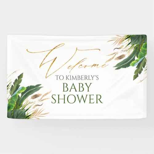 Tropical Greenery Gold Leaves Baby Shower Welcome Banner