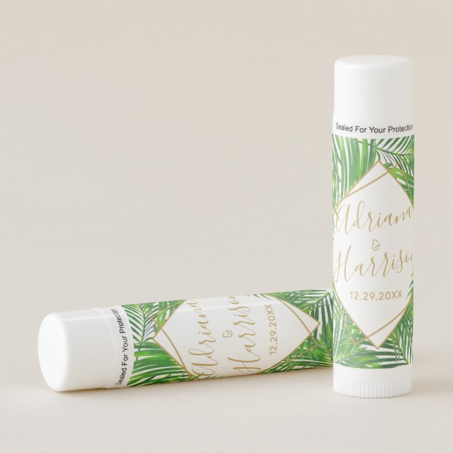 Tropical Greenery Gold Leaves Personalized Favor Lip Balm (Front)