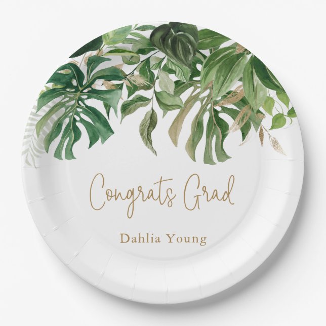 Tropical Greenery Gold Modern Graduation Paper Plates (Front)