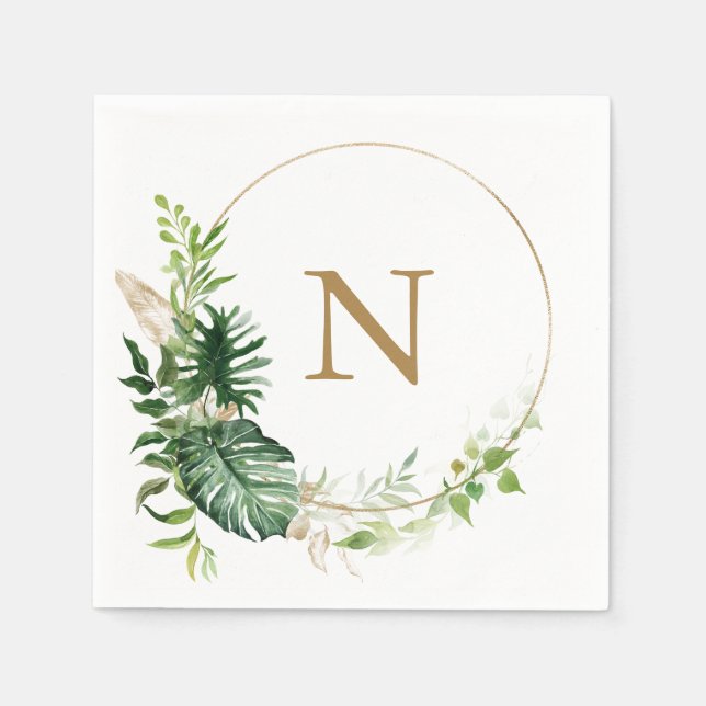 Tropical Greenery Gold Monogram Wedding Napkins (Front)