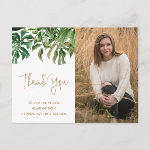 Tropical Greenery Gold Photo Graduation Thank You Postcard