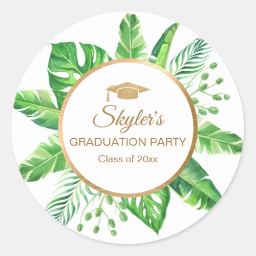 Tropical Greenery Gold Themed Graduation Party Classic Round Sticker