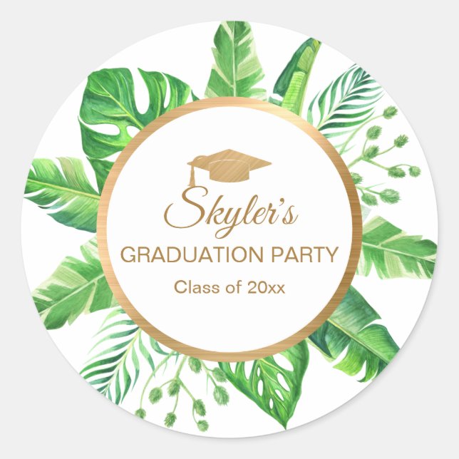 Tropical Greenery Gold Themed Graduation Party Classic Round Sticker (Front)