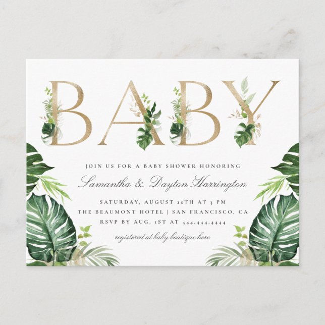 Tropical Greenery Gold Typography Baby Shower Invitation Postcard (Front)