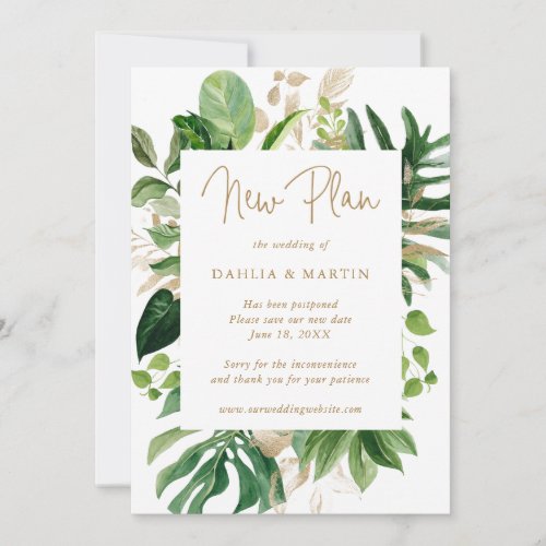 Tropical Greenery Gold Wedding Postponement Announcement