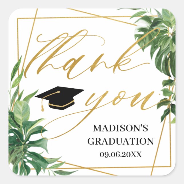 Tropical Greenery Graduation Gold Geometric Favor  Square Sticker (Front)