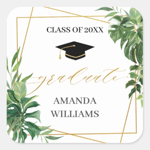 Tropical Greenery Graduation Gold Geometric Favor  Square Sticker