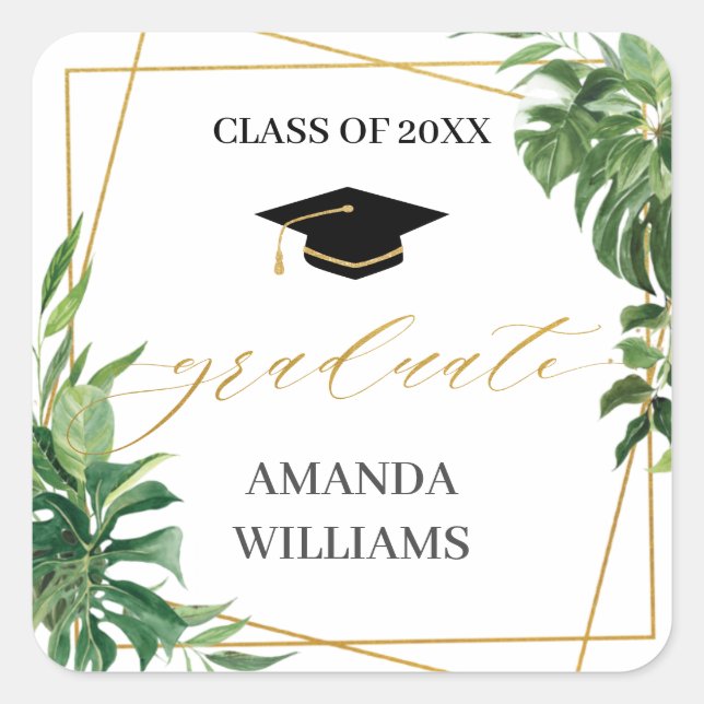 Tropical Greenery Graduation Gold Geometric Favor  Square Sticker (Front)