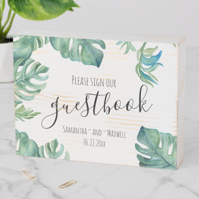 Tropical Greenery Guest Book Wooden Box Sign (In Situ Horizontal)