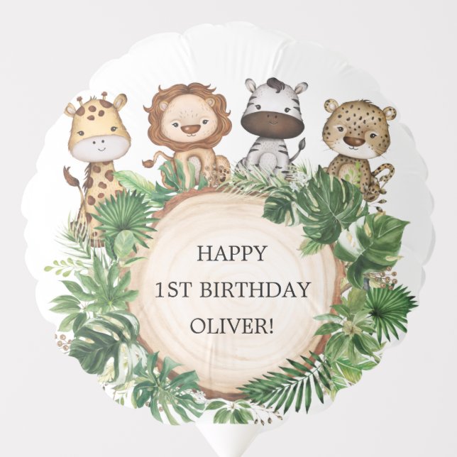 Tropical Greenery Jungle Safari Animals Birthday Balloon (Front)