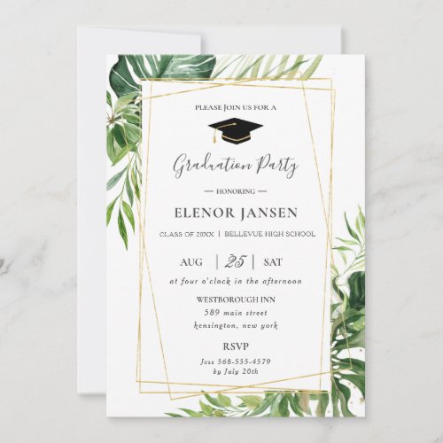 Tropical Greenery Leafy Gold Geometric Graduation Invitation