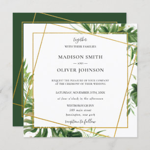 Tropical Greenery Leafy Gold Geometric Wedding Invitation