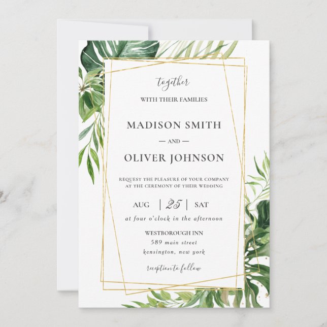 Tropical Greenery Leafy Gold Geometric Wedding  Invitation (Front)